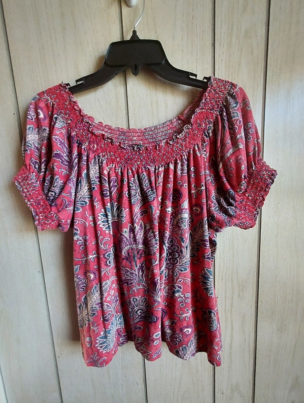 Ralph Lauren XL Red Purple Paisley Floral Smocked Top